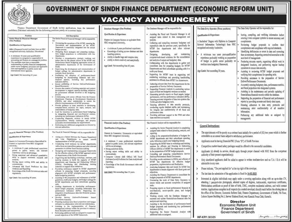Newest Finance Department Job Openings in Karachi 2025.