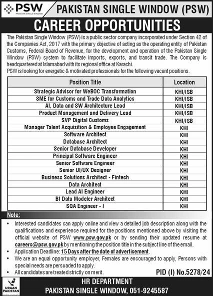 Latest Pakistan Single Window (PSW) Career Opportunities in Islamabad and Karachi 2025.