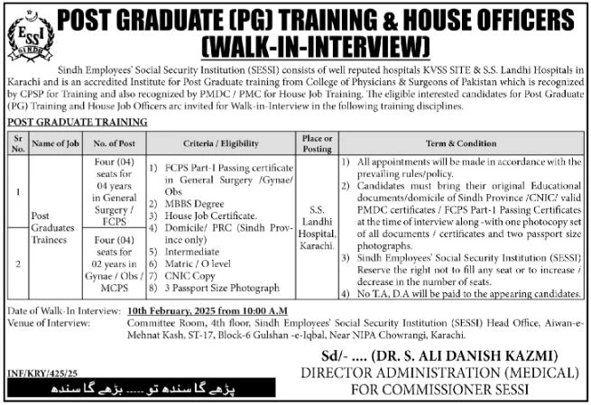 Latest Sindh Employees Social Security Institution Post Graduate Training and House Officers Jobs - 2025.