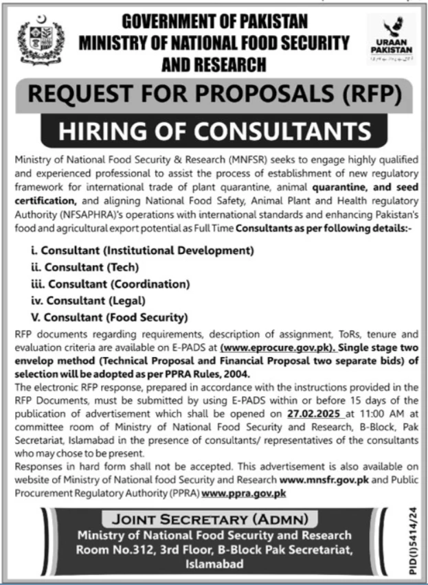 Latest MNFSR (Ministry of National Food Security & Research) Management Jobs in Islamabad – 2025.