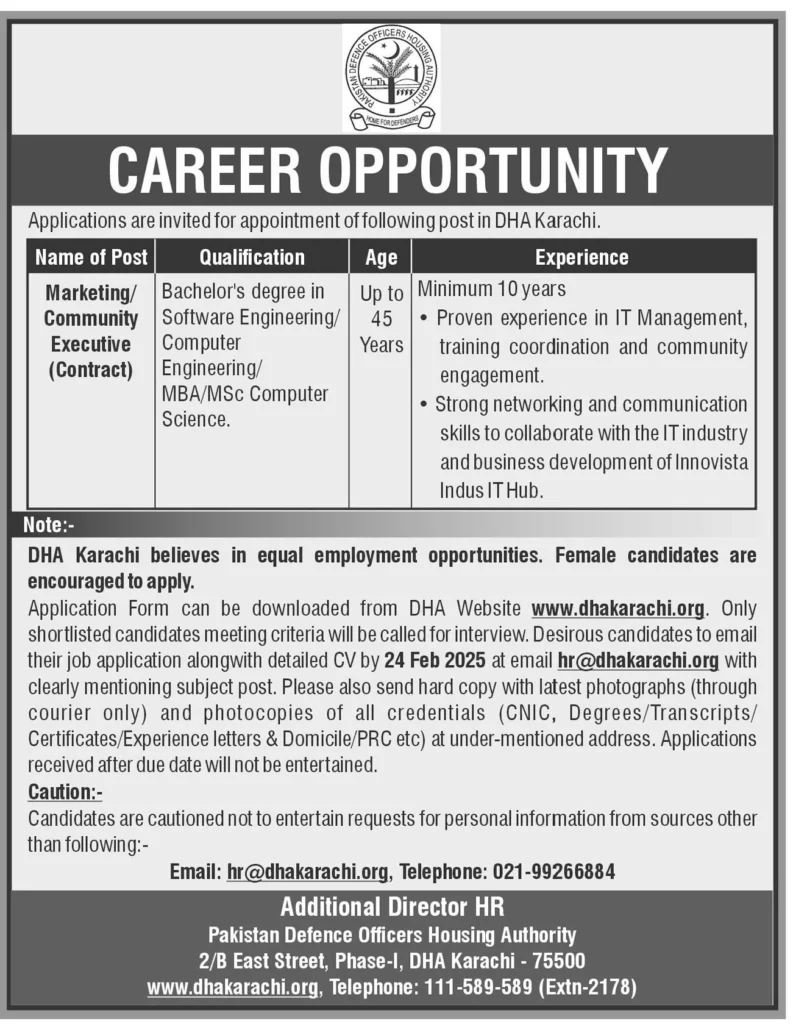 Newest Pakistan Defence Officers Housing Authority Marketing Jobs in Karachi 2025.