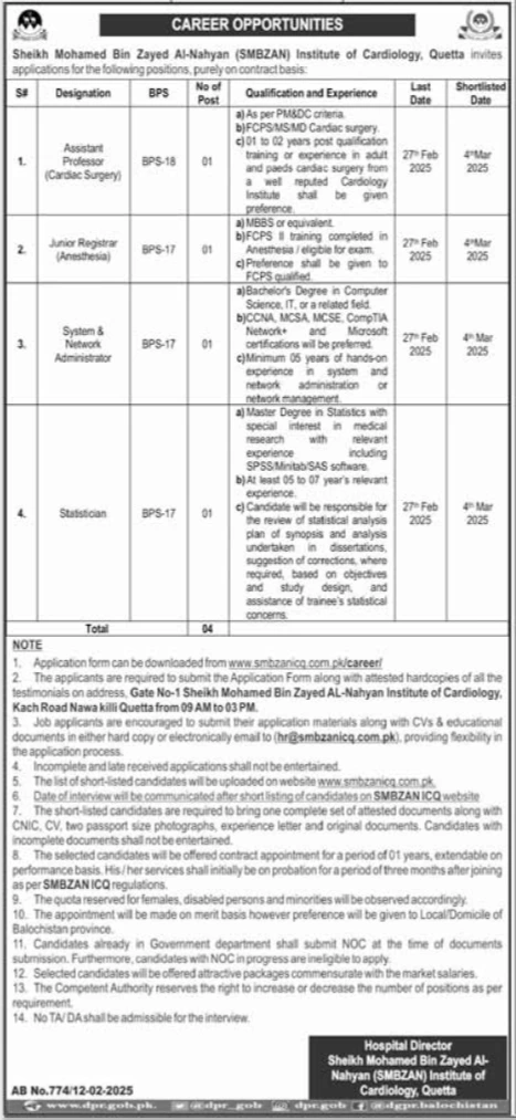 Job Openings at Sheikh Mohammad Bin Zayed Al Nahyan SMBZAN Institute of Cardiology, Quetta – 2025.
