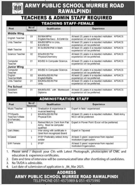 Army Public School Murree Road Rawalpindi: Teaching & Admin Staff Required in 2025.
