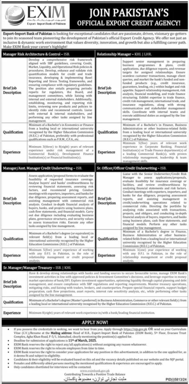 Latest Exim Import Bank of Pakistan Management Posts Islamabad 2025.