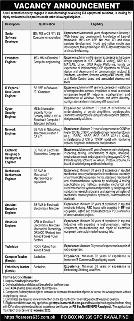 PO Box 635 GPO Rawalpindi Jobs February 2025 – Apply Online for Senior Software Developers, Embedded Engineers, and More.