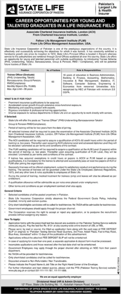 Latest State Life Insurance Corporation of Pakistan Insurance Posts Karachi 2025.