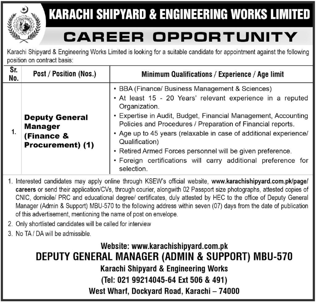 Karachi Shipyard And Engineering Works Limited Job 2025 – Apply Now!.